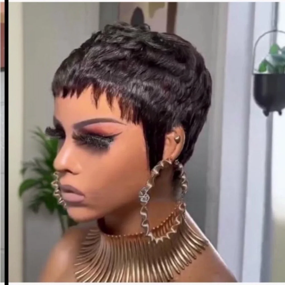 Short Glueless Pixie Cut Human Hair Wig with Bangs Lightweight Breathable Wear